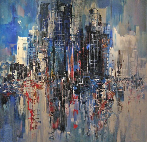 Grey abstract skyline with scattered yellow highlights