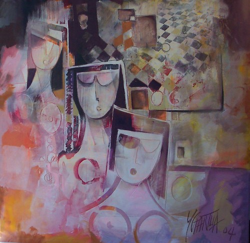 Pale faces and figures against soft pink blocks