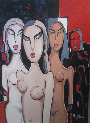 Three standing women with elongated faces