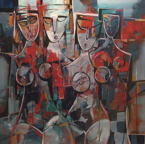 Row of figures in red, grey and black
