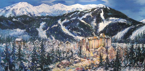 Snowy mountain landscape with buildings below