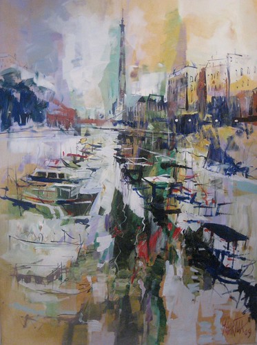 River and city skyline in pale blue and gold