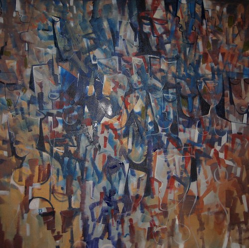 Dense overlapping figures in muted blue and red