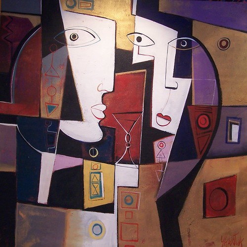 Two angular profiles in cream, pink and purple