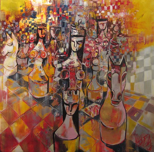 Warm chess figures above a yellow and red board