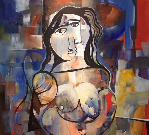 Woman's face and torso among geometric blocks