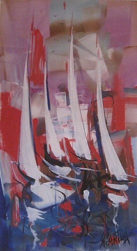 Red and white sails against grey-blue paint