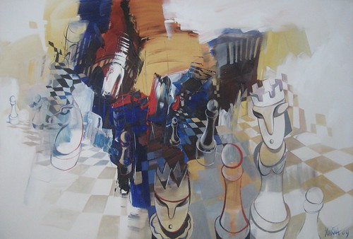 Pale chess pieces beside dark blue forms