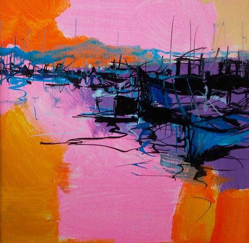 Boat silhouettes across pink, orange and blue water