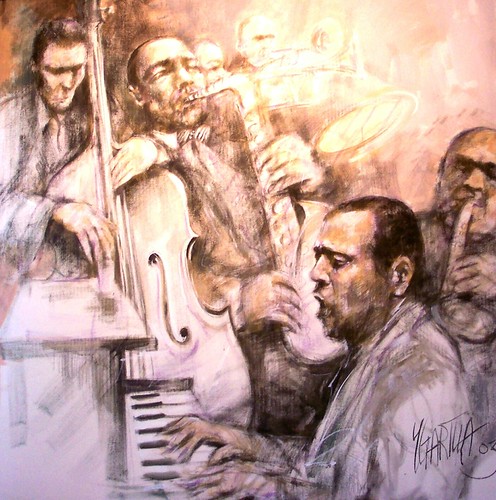 Musician faces and brass instruments in a sepia composition