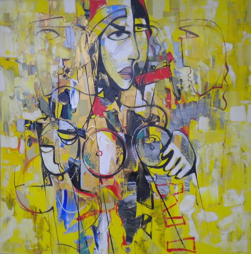Woman and child outlined over yellow paint