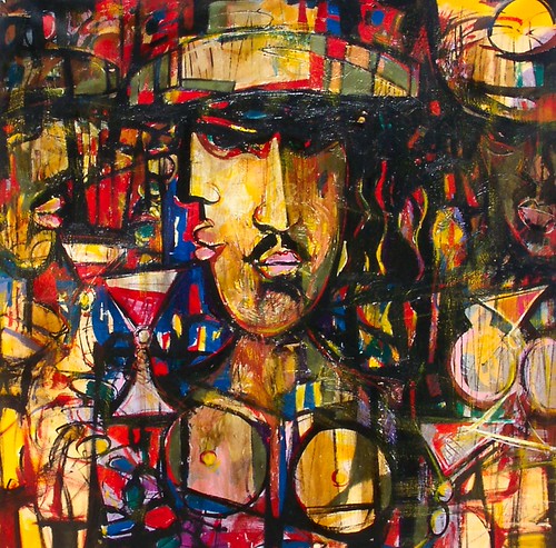 Fragmented face surrounded by dark geometric forms