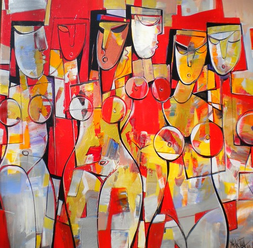 Bright red and yellow row of figures