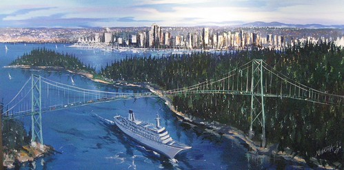 Cruise ship passing beneath a suspension bridge