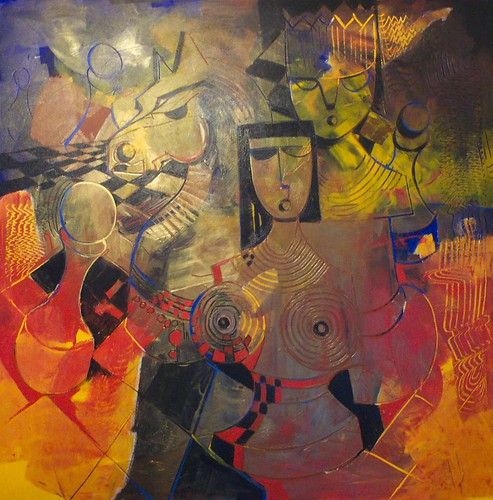 Crowned figure amid warm geometric forms