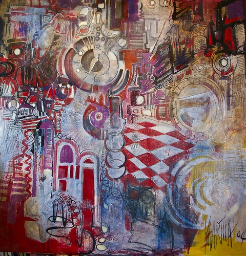 Industrial-looking shapes around a red chequered board