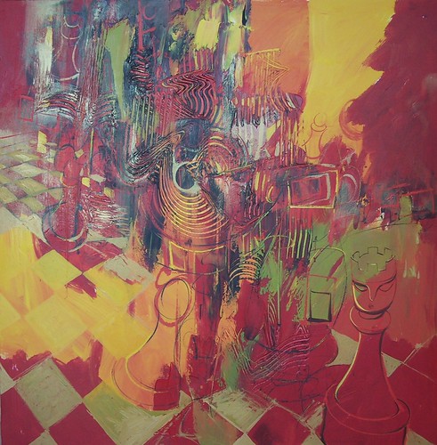 Dense figures and board shapes in red and green