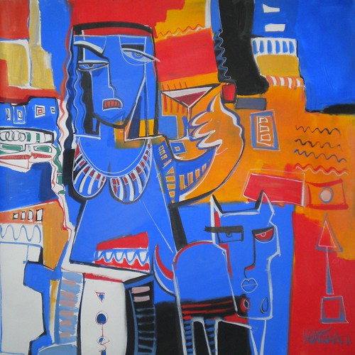 Two blue figures among orange geometric shapes