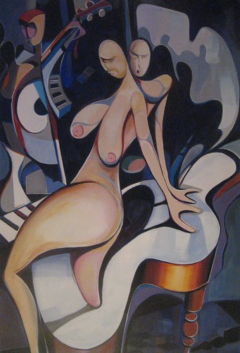 Seated figures with curving pale limbs