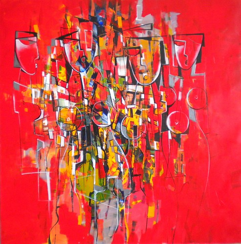 Dense colourful figures on a red background