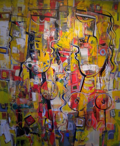 Overlapping figures among yellow and red brushwork