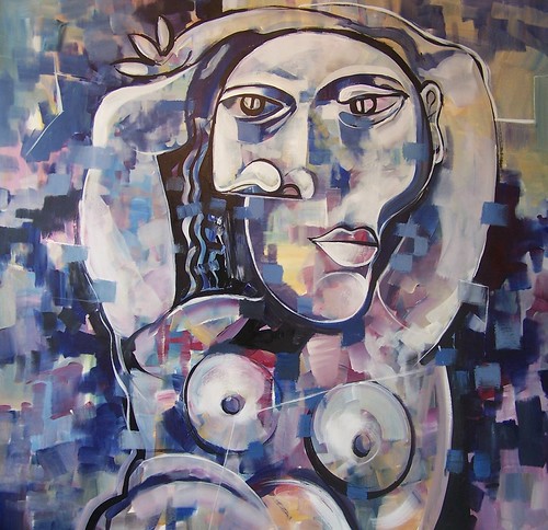 Angular face and torso in grey and violet
