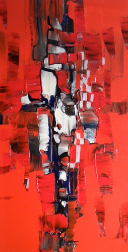 Narrow vertical marks over a vivid red background