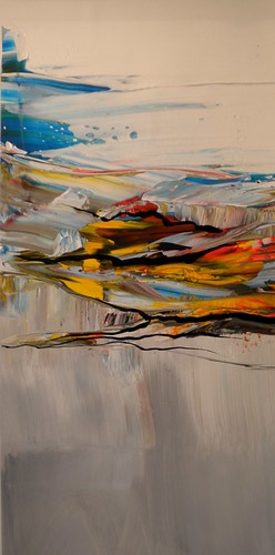 Small layered horizontal forms with pale blue strokes