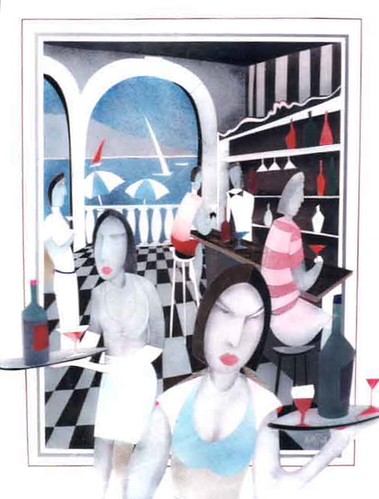 Café figures beneath an arch and shelves