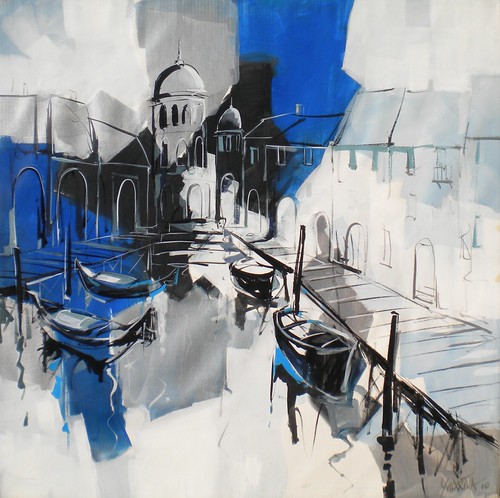 Canal boats and domes in blue, white and grey