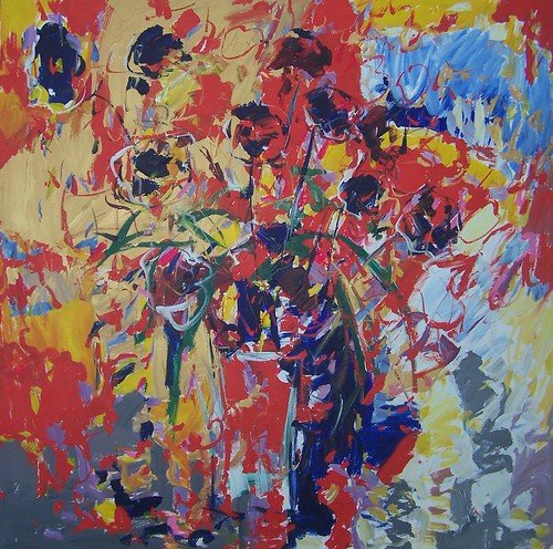 Abstract flowers in blue, yellow and red