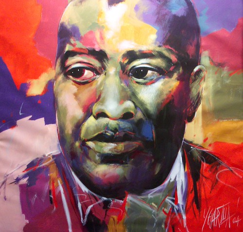 Close-up musician portrait in red, green and violet