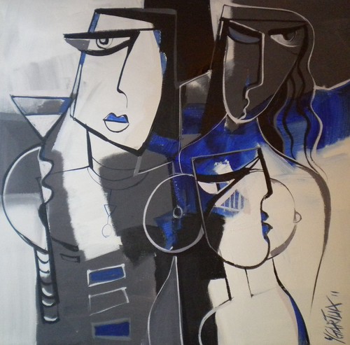 Two pale figures with black geometric outlines