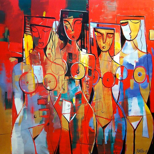 Row of figures on a bright red background
