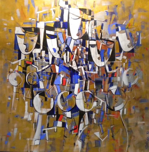 Cluster of white and blue figures on gold