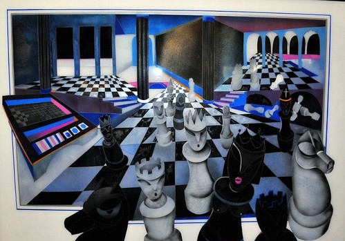 Framed chess pieces on a receding board