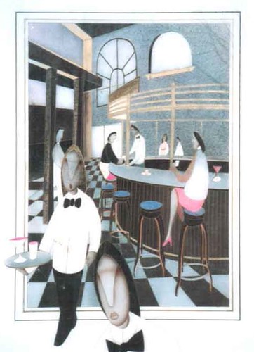 Restaurant figures beneath tall windows and arches