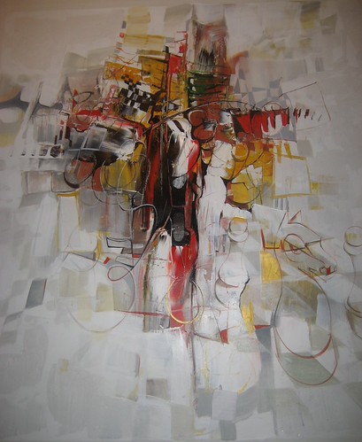 Small vertical abstract composition with red and black marks