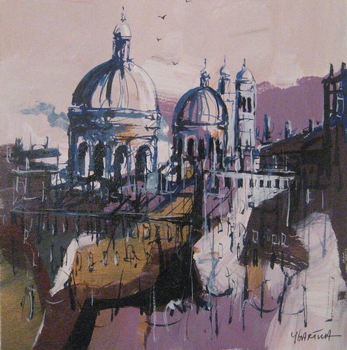 Domed city buildings in muted grey and violet