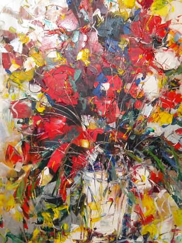 Dramatic red and white flowers with dark stems