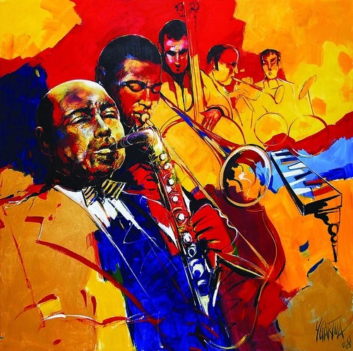 Jazz ensemble with brass instruments and keyboard on red and yellow