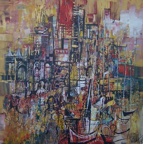 Dense abstract city buildings in layered colours