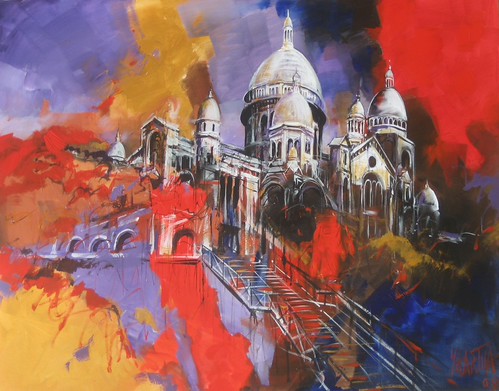 White domed basilica amid red and blue brushwork