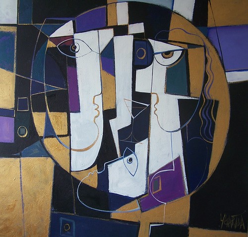 Overlapping faces enclosed in a circular geometric composition