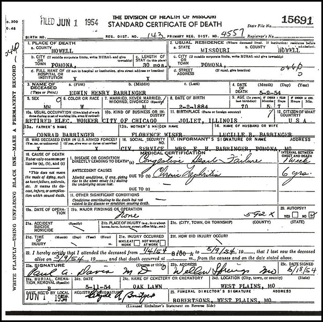 BARRINGER, Edwin: Death Certificate