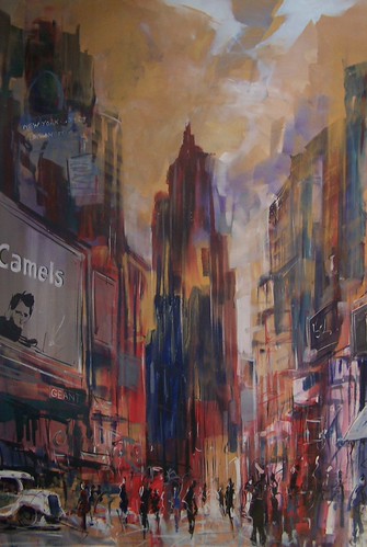 Narrow urban street beneath warm hazy light