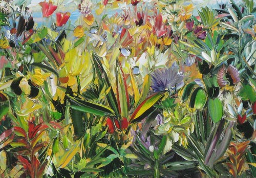 Tropical leaves and flowers in green and yellow