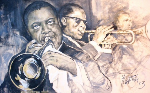 Trumpeter and another musician in muted brown and grey tones
