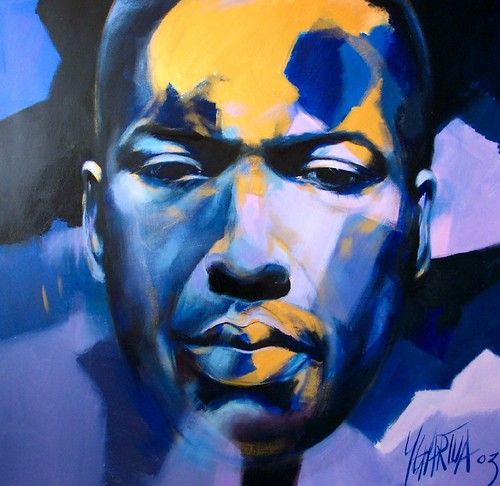Close-up musician portrait in blue and yellow