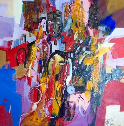 Fragmented figures in a colourful vertical composition